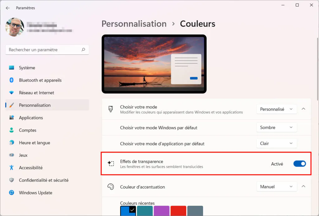 Windows 11 Personnaliser thème - Effets de transparence