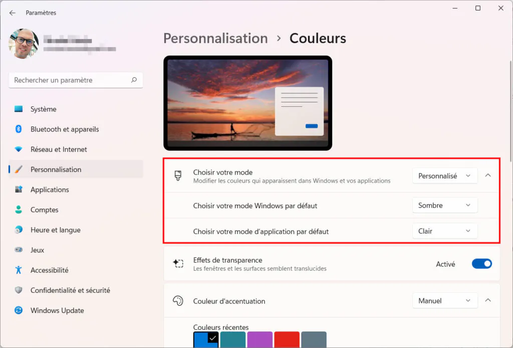 Windows 11 Personnaliser thème - Mode clair sombre thème
