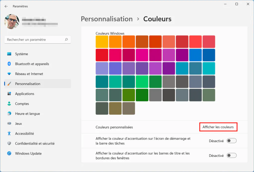 Windows 11 Personnaliser thème - Afficher les autres couleurs d'accentuation