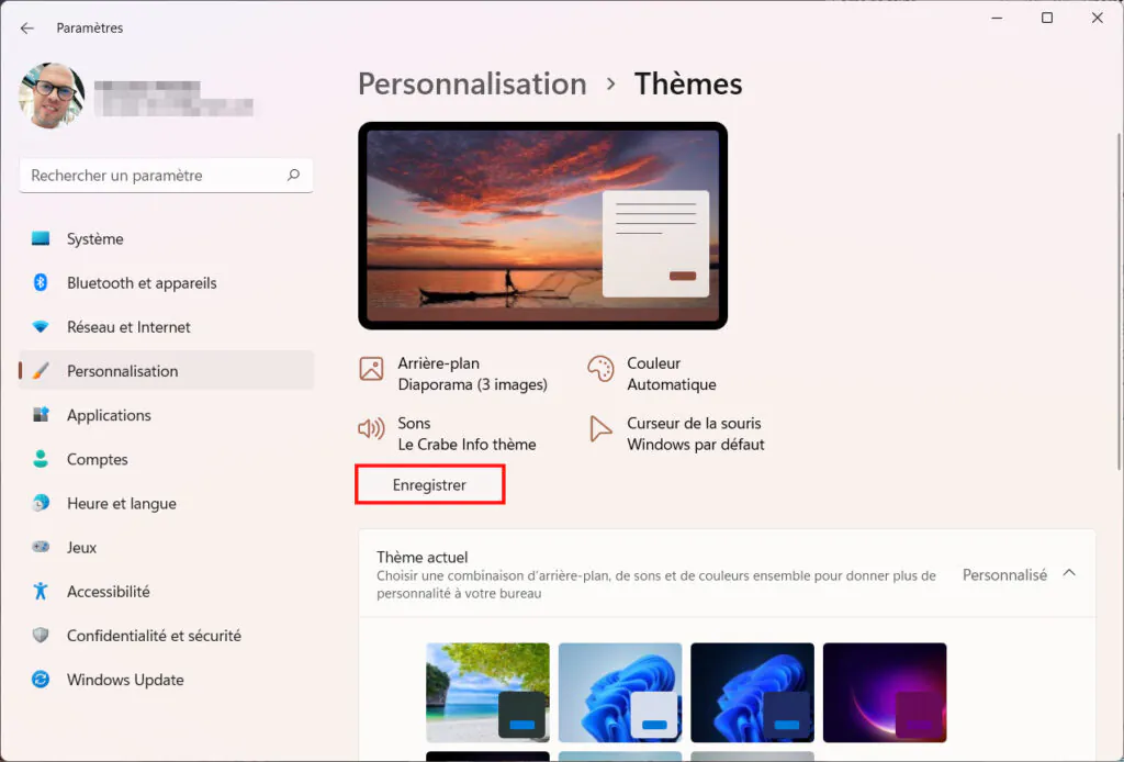 Windows 11 Personnaliser thème - Paramètres Personnalisation Thèmes Enregister thème