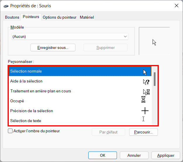 Windows 11 Personnaliser thème - Curseur souris par défaut