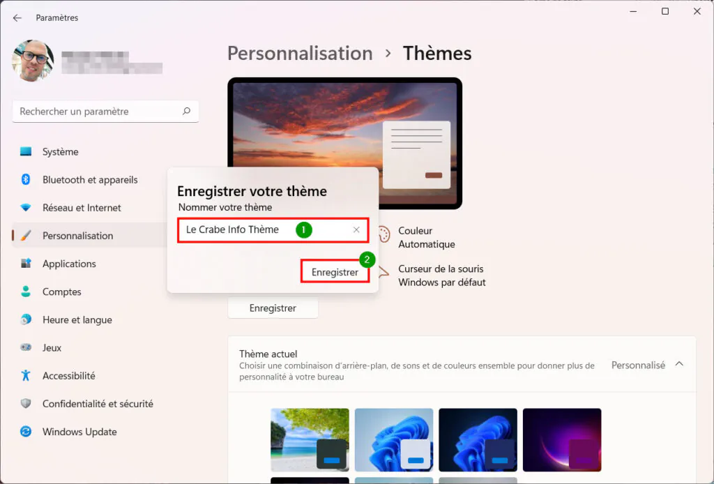 Windows 11 Personnaliser thème - Nommer nouveau thème et enregistrer