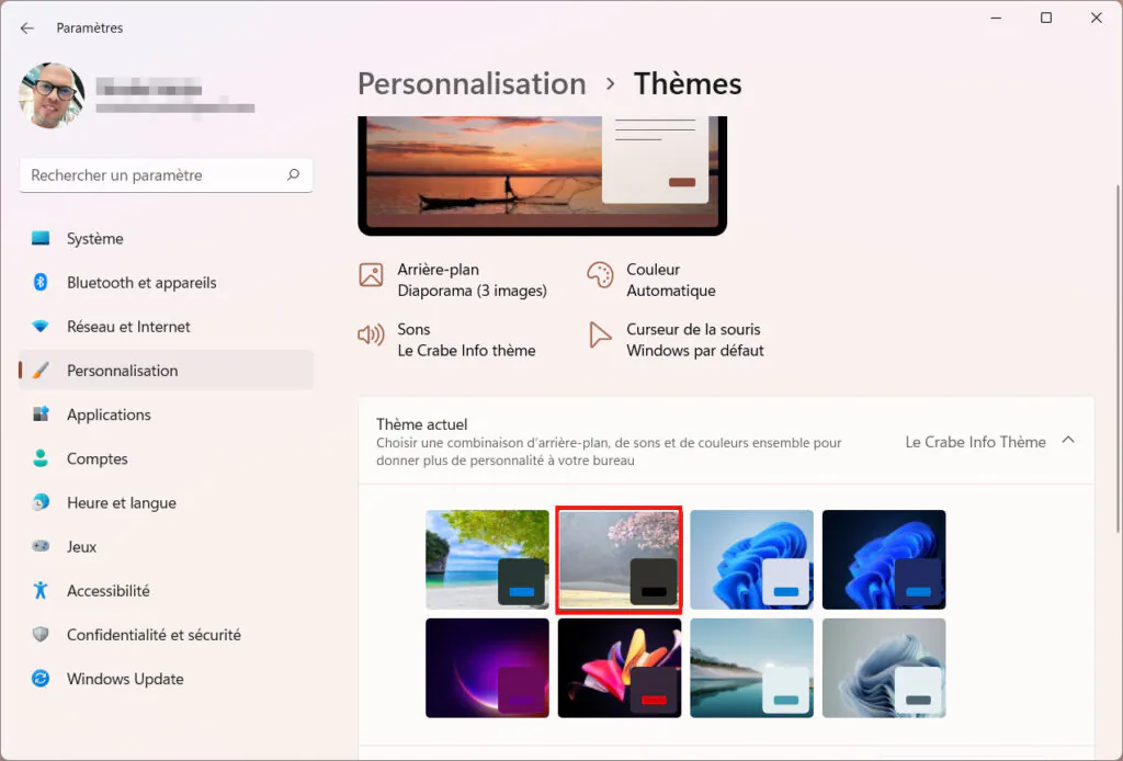 Windows 11 Personnaliser thème - Le Crabe Info Thème