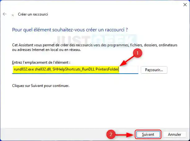 Créer un raccourci vers le dossier des imprimantes dans Windows 11