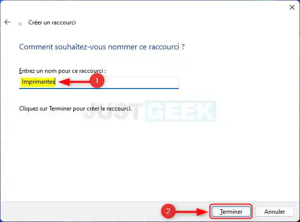 créer un raccourci vers le dossier des imprimantes