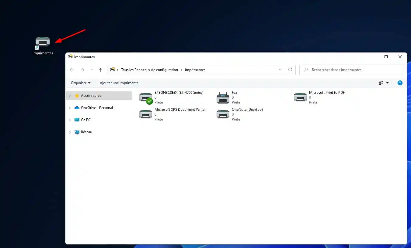Raccourci vers le dossier des imprimantes sur le bureau Windows 11