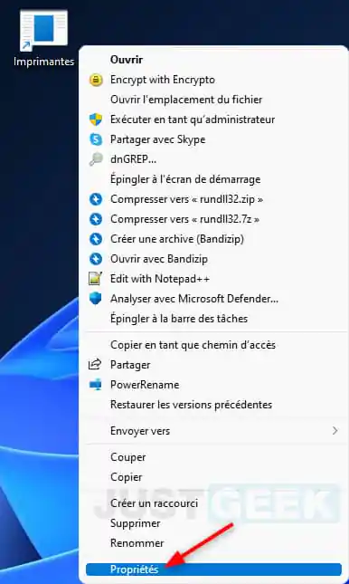 créer un raccourci vers le dossier des imprimantes