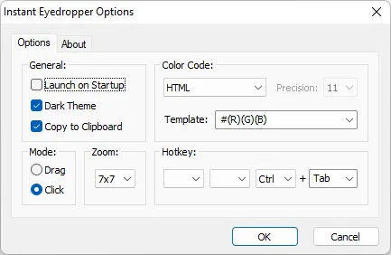 Options instantanées de la pipette