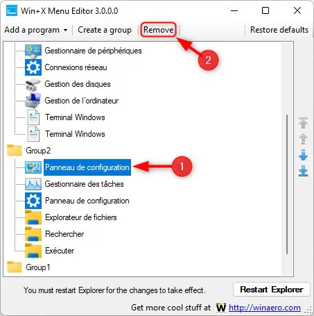 Supprimer un raccourci du menu Lien rapide