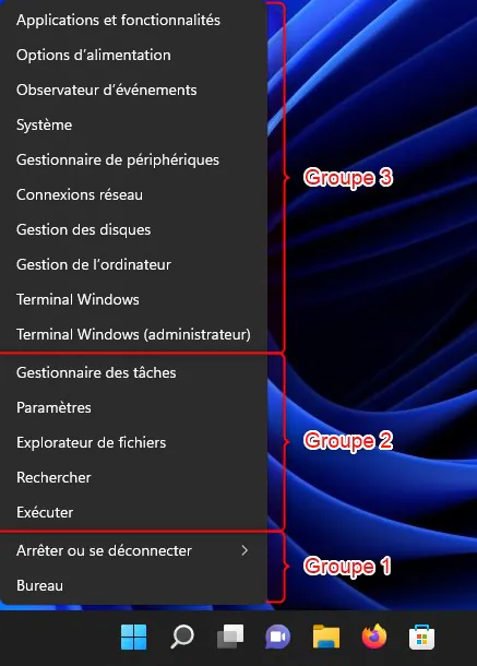 Menu Lien rapide (Win+X) Windows 11