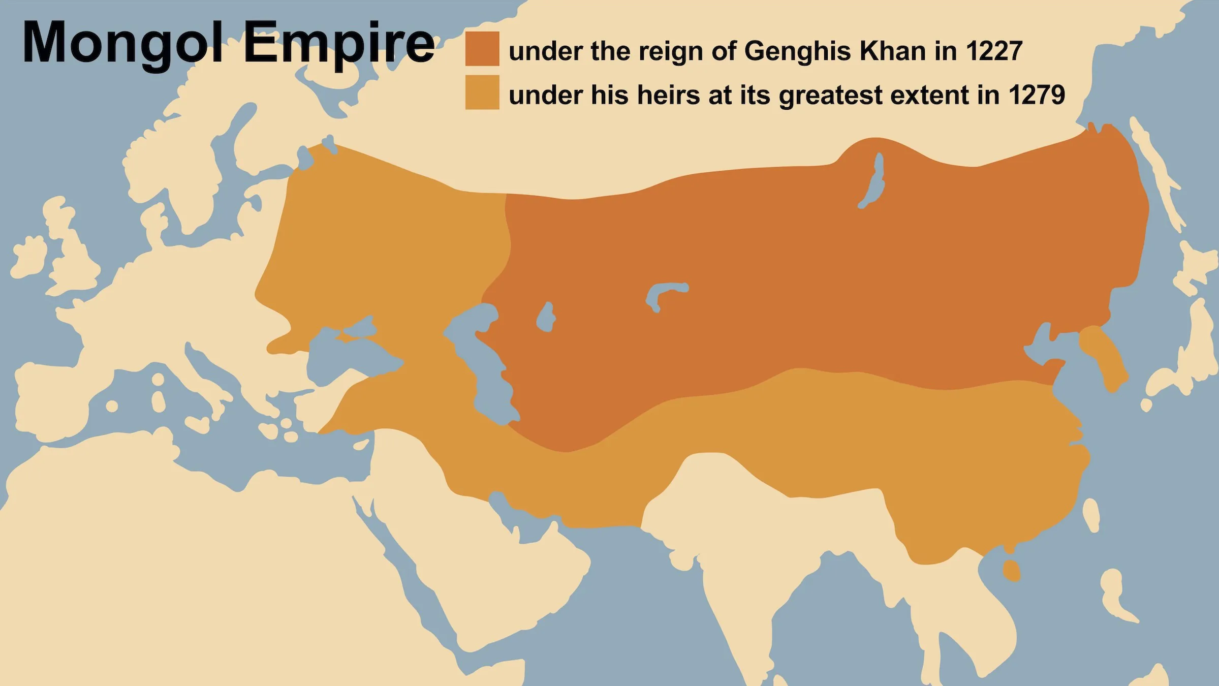 L'empire mongol de Gengis Khan en 1227 et à son apogée en 1279.