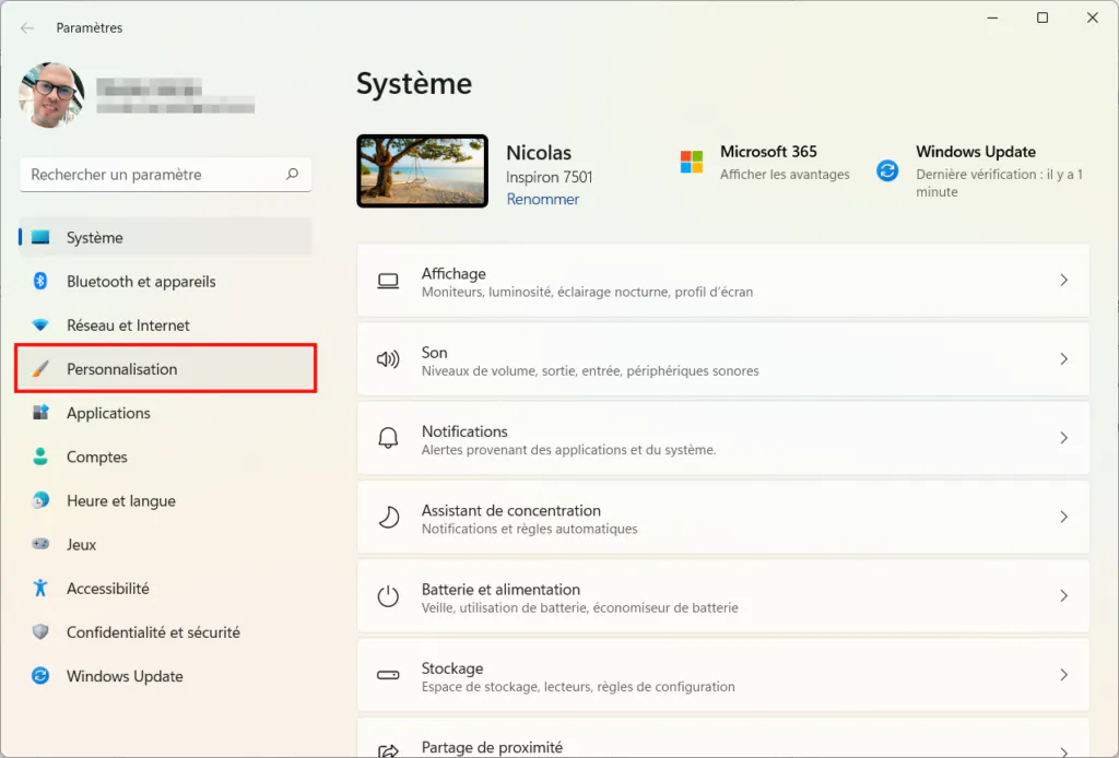 Windows 11 Personnaliser thème - Paramètres Personnalisation
