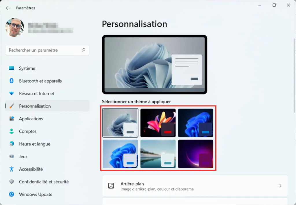 Thème de changement de Windows 11 - Thèmes préinstallés de Windows 11