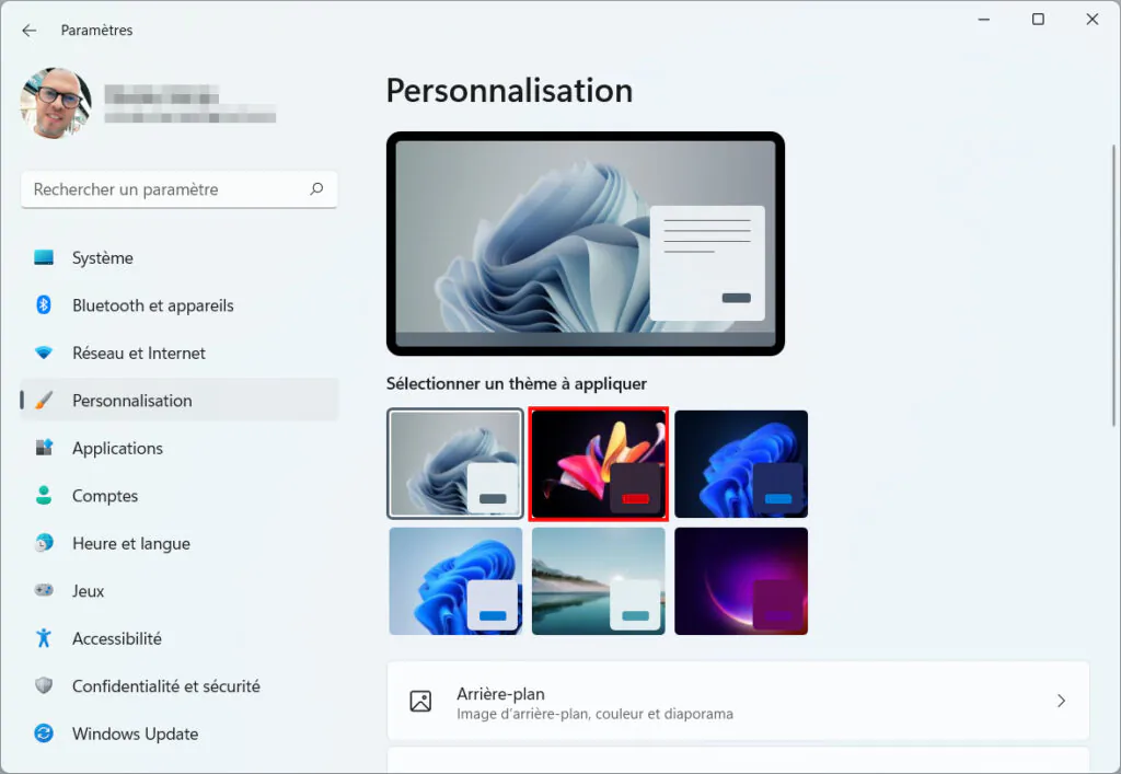 Windows 11 Changer de thème - Sélectionnez un thème