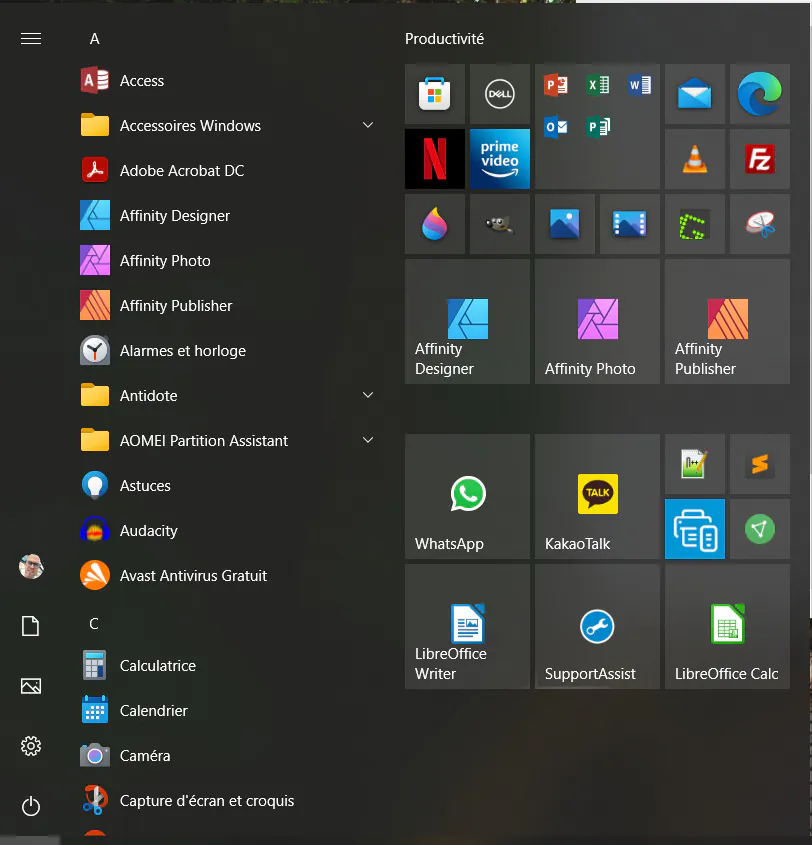 Menu Démarrer de Windows 10 - Application détachée