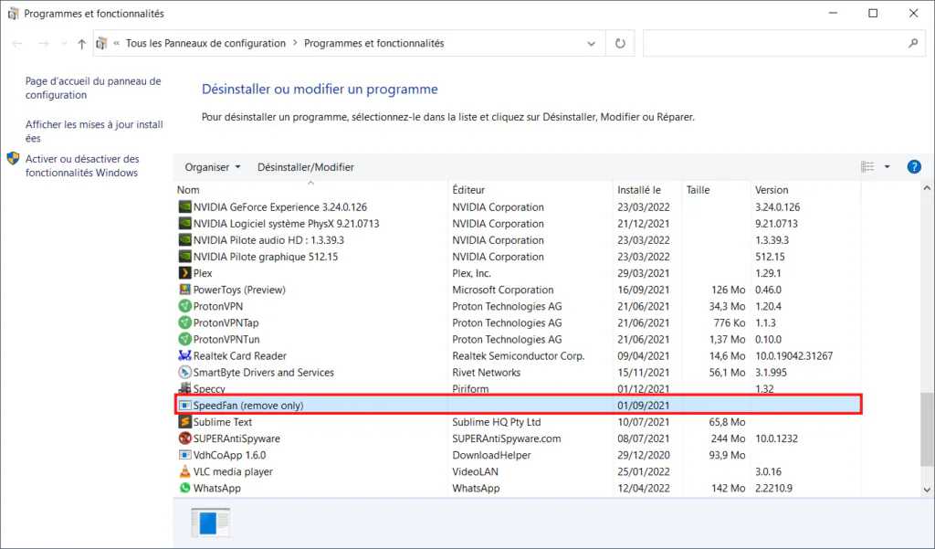 Menu Démarrer de Windows 10 - Sélectionnez l'application dans Programmes et fonctionnalités