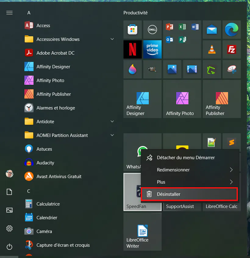 Menu Démarrer de Windows 10 - Désinstaller l'application
