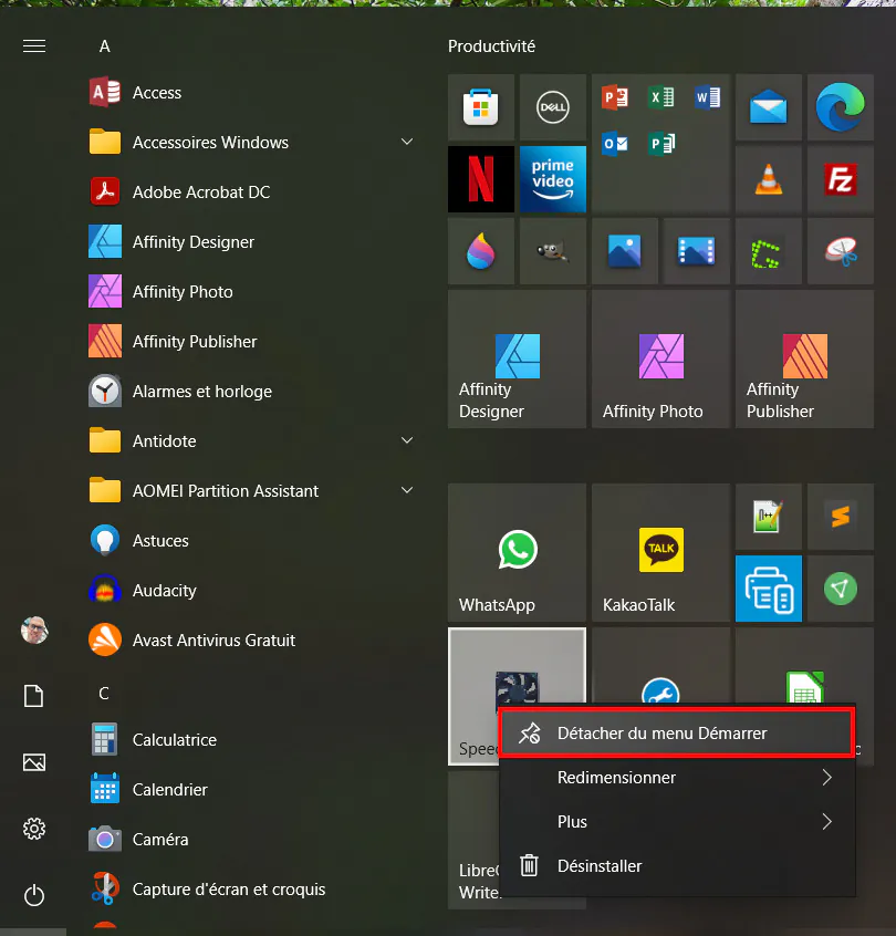 Menu Démarrer de Windows 10 - Détacher du menu Démarrer