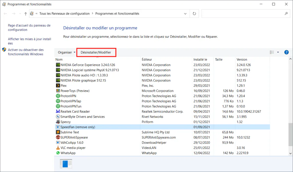 Menu Démarrer de Windows 10 - Programme de désinstallation