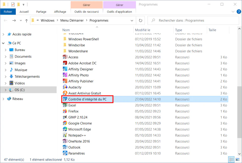 Menu Démarrer de Windows 10 - Sélectionnez un raccourci