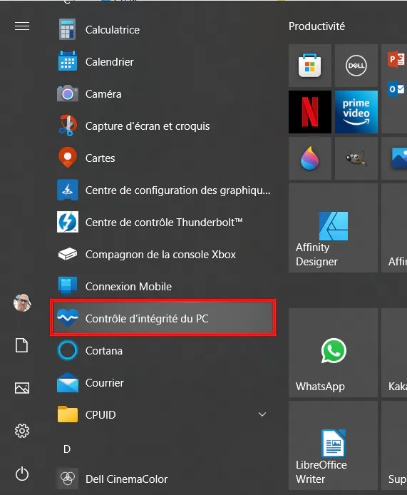 Menu Démarrer de Windows 10 - Liste du menu Démarrer