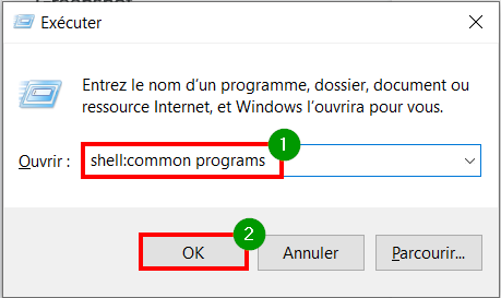 Menu Démarrer de Windows 10 - Exécuter, Commande et OK