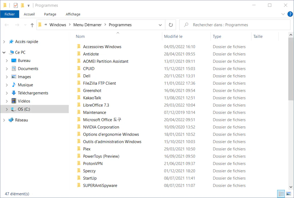 Menu Démarrer de Windows 10 - Programmes du menu Démarrer dans l'Explorateur
