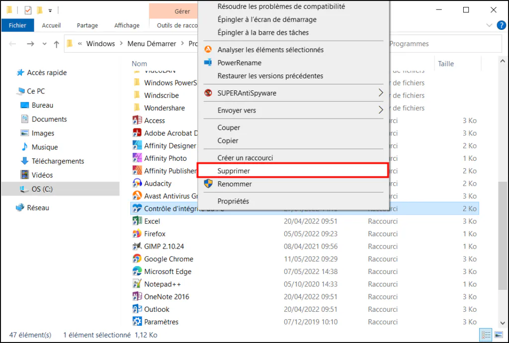 Menu Démarrer de Windows 10 - Supprimer le raccourci