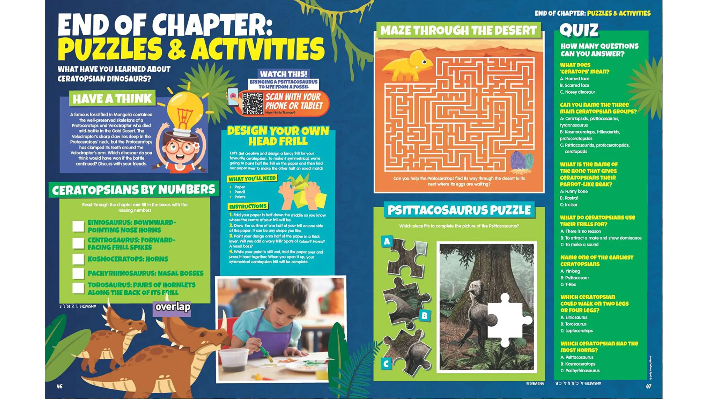 Un exemple d'une diffusion dans le magazine qui est rempli de dessins animés colorés, de jeux, de puzzles et de défis