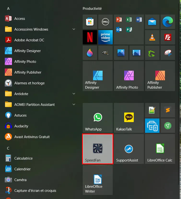 Menu Démarrer de Windows 10 - Survolez l'application pour la supprimer
