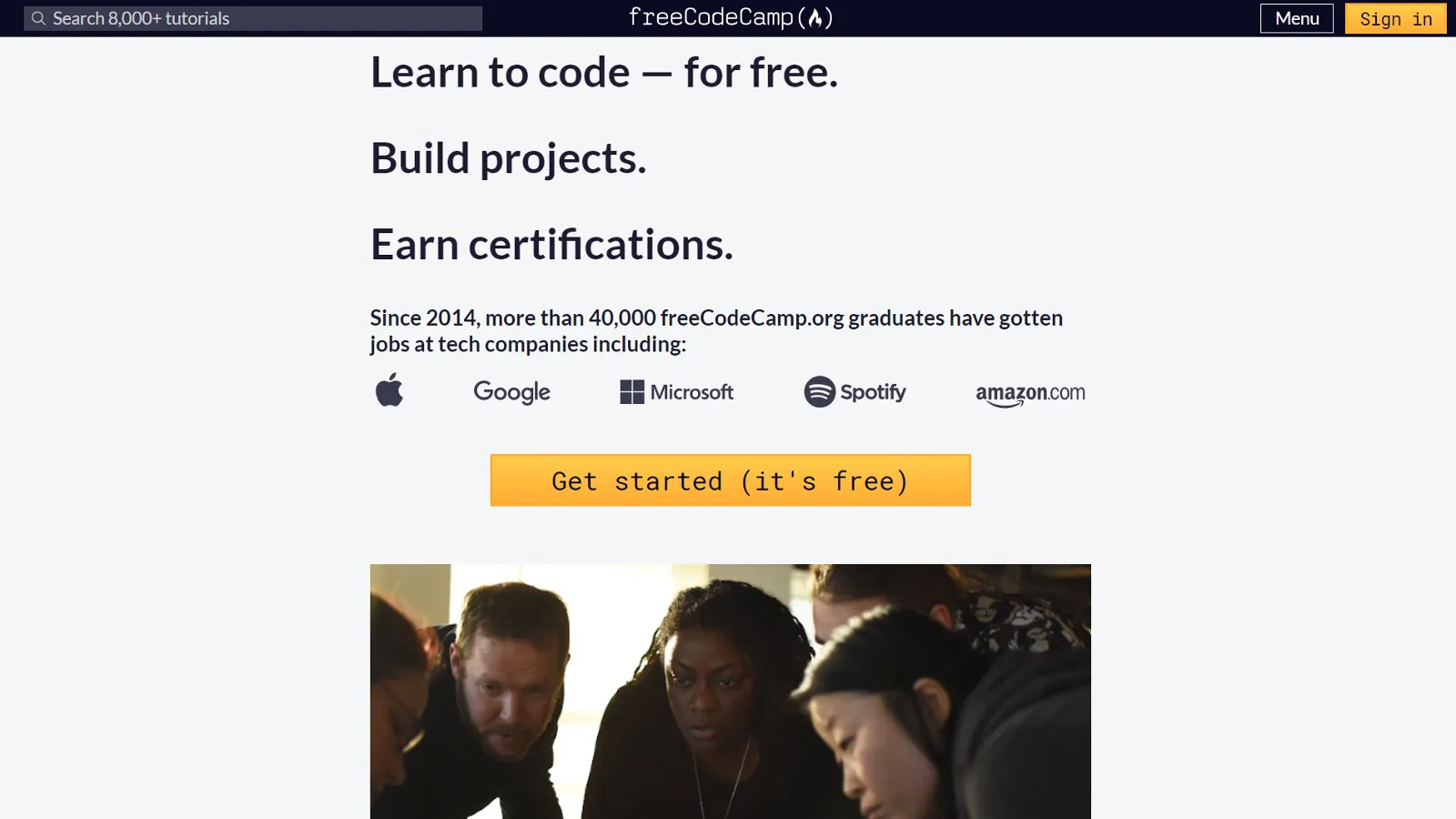 capture d'écran de la page d'accueil de freeCodeCamp
