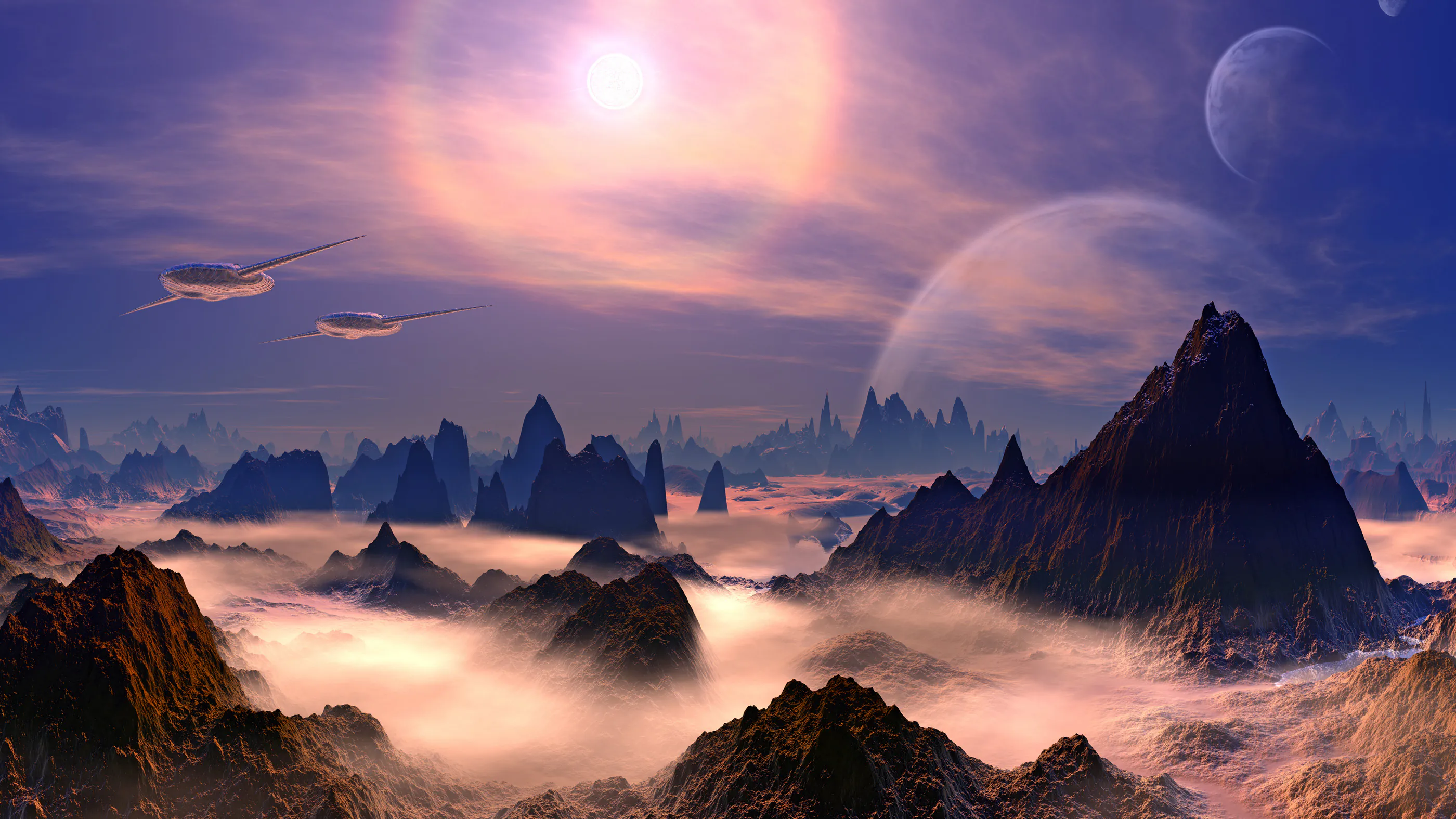 Vaisseaux extraterrestres au-dessus de la planète rocheuse.