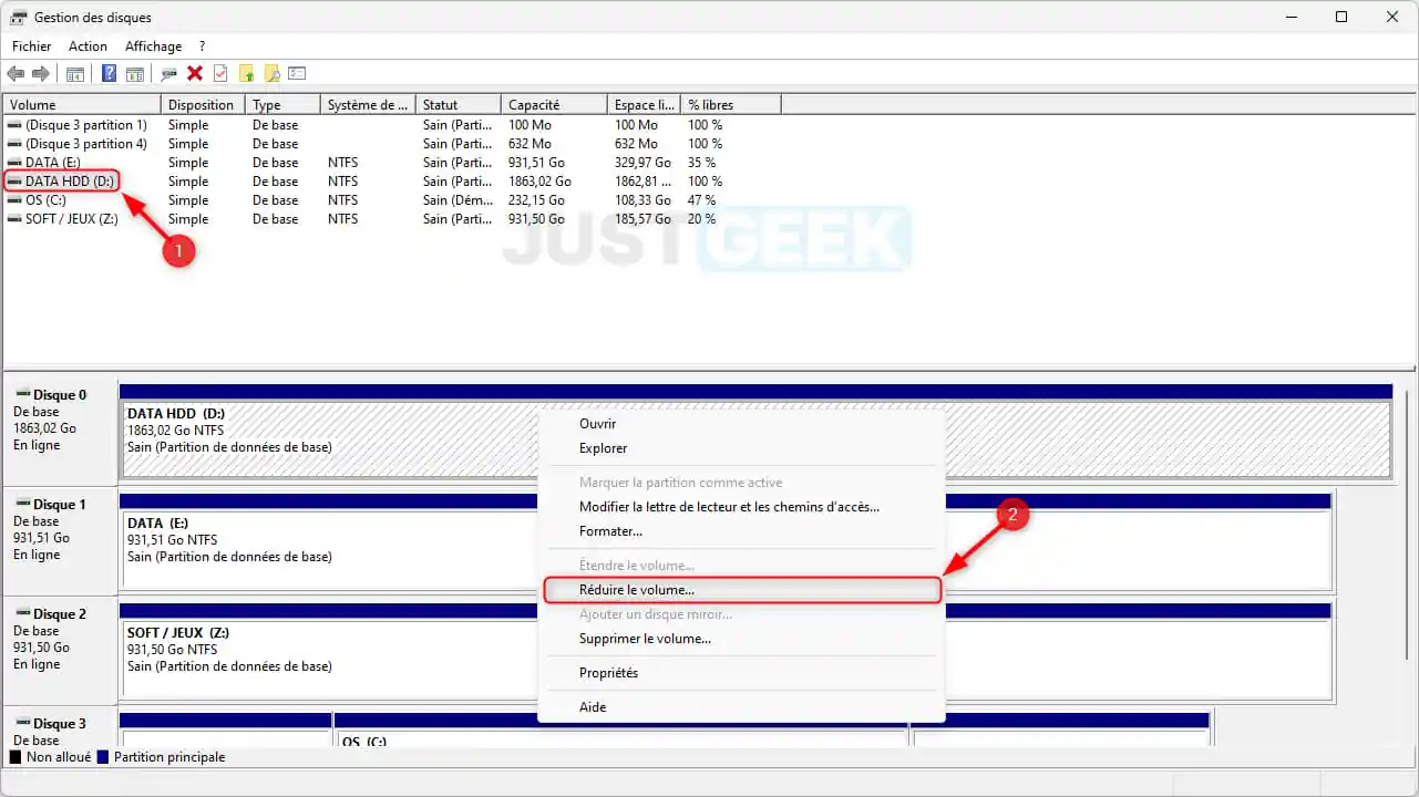 Réduire le volume du disque dur ou du SSD sous Windows
