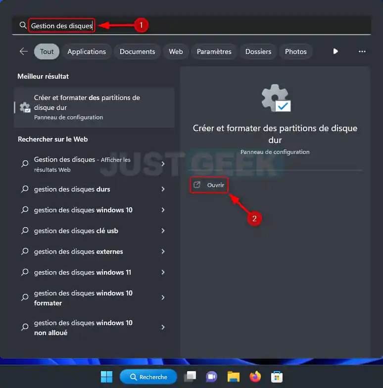 Ouvrez la gestion des disques sous Windows
