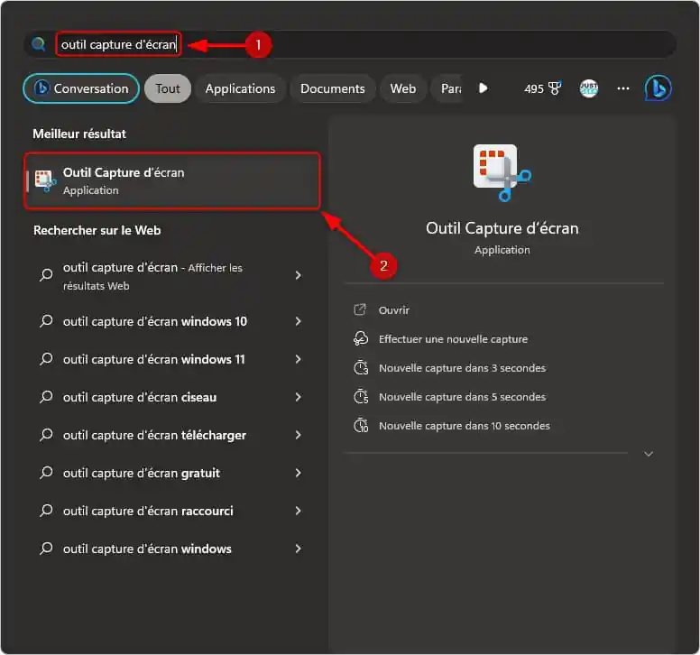 Ouvrir l'outil de capture sous Windows 11