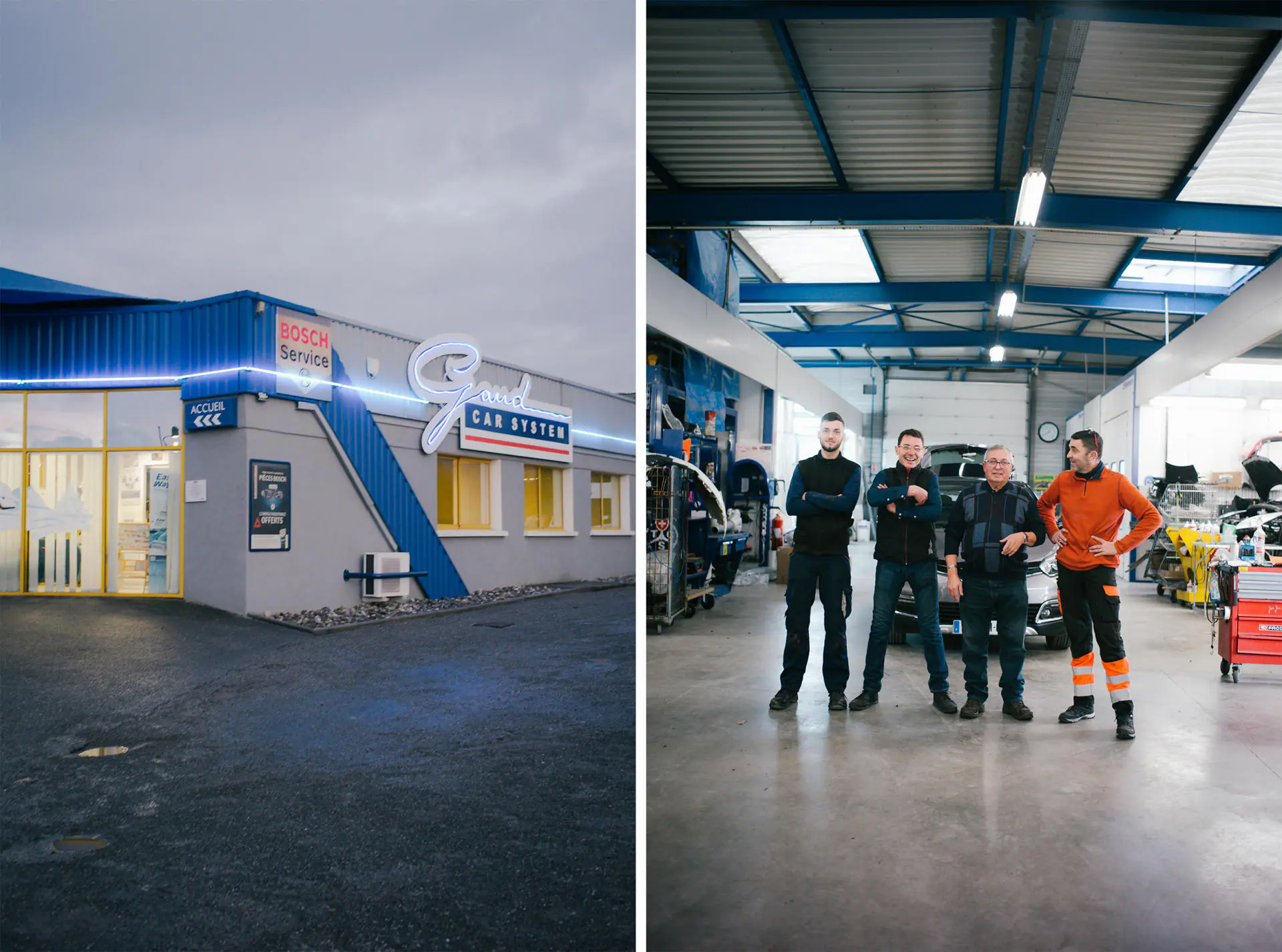 Vue du garage Gaud.  De gauche à droite : Paul, Jean-Yves, Edouard et Christophe Gaud.  A Douvaine (Haute-Savoie), le 15 décembre 2022.