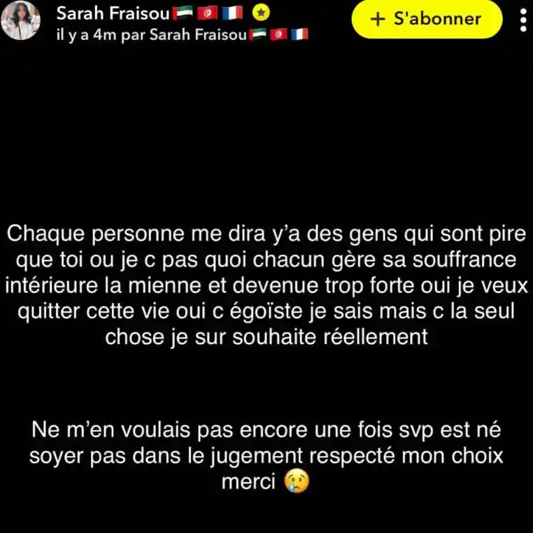 Sarah Fraisou prête à se suicider