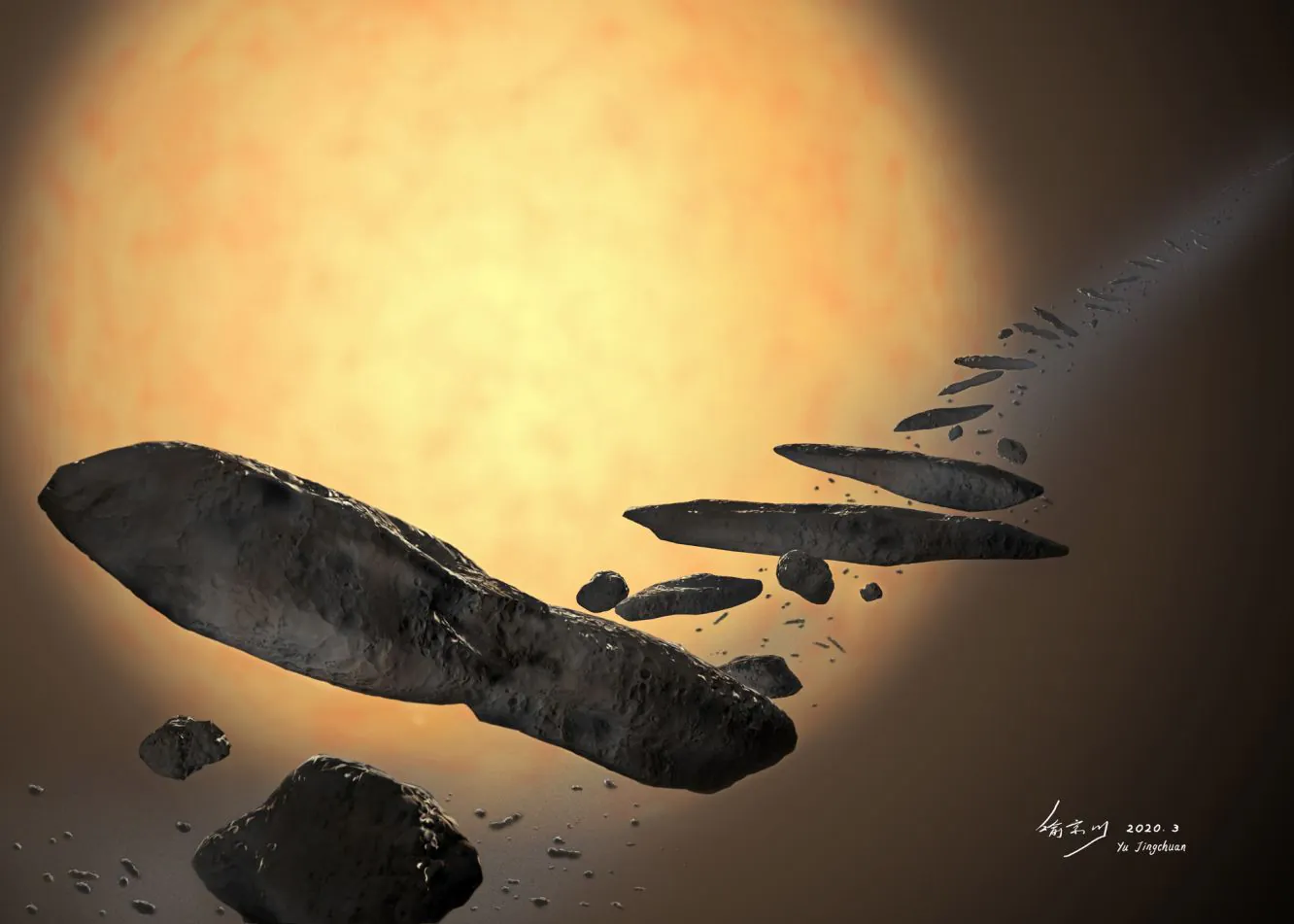 Illustration d'un artiste de l'évolution de l'objet interstellaire 'Oumuamua, dont la forme étrange et allongée peut provenir des forces de marée.
