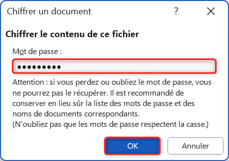 Fenêtre pop-up demandant de saisir un mot de passe dans Word