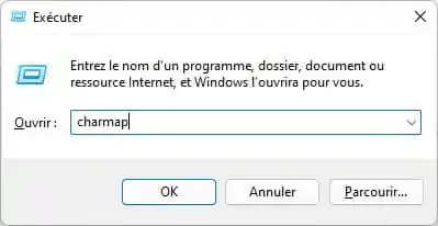 Exécuter la table de caractères Windows de commande