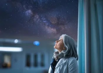 A photo of a starry night sky viewed through a hospital window. There's a woman with silver hair and a scarf standing near the window. She is wearing a white coat and a scarf around her neck. She is looking upwards, towards the sky. The background is blurred, showing the hospital interior. The overall image has a soft, ethereal quality.